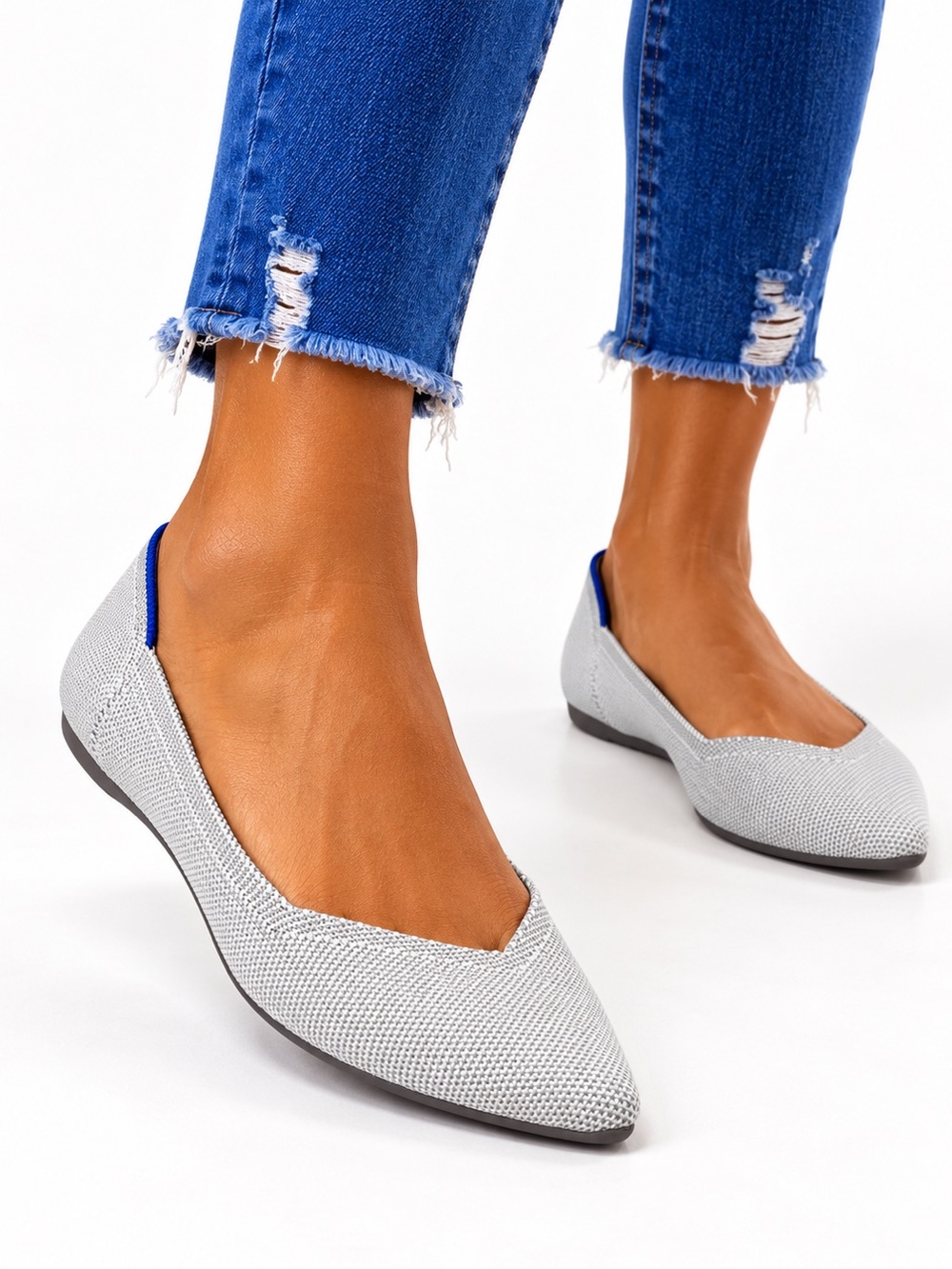 Rothy's Light Gray Pointed Toe Knit Flats with Blue Trim